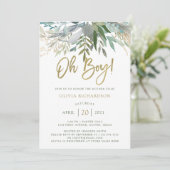 Chic Foliage | Oh Boy Baby Dusche und Gold Script Einladung (Stehend Vorderseite)