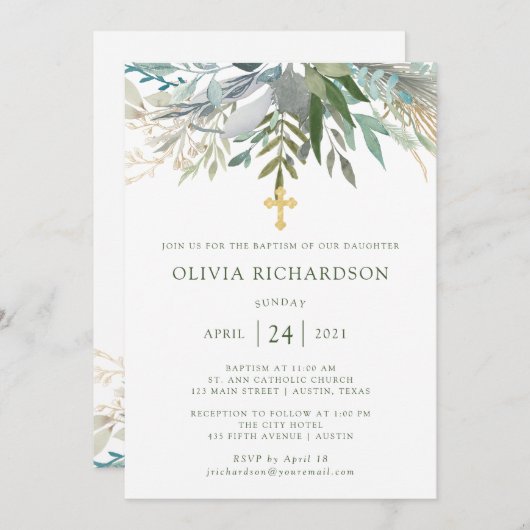 Chic Foliage | Taufe mit Goldkreuz Einladung (Vorne/Hinten)