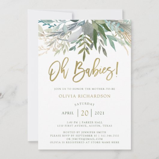 Chic Foliage | Twins Baby Dusche und Gold Script Einladung (Vorderseite)
