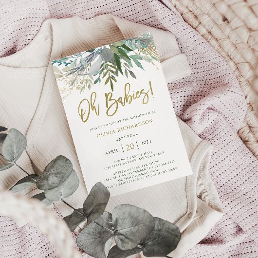Chic Foliage | Twins Baby Dusche und Gold Script Einladung