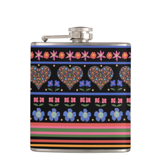 Chic Folk Art Border on Black: Hip Flask Flachmann (Vorderseite)