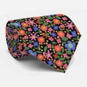 Chic Folk Art Floral on Black Unisex Necktie Krawatte (Gerollt)