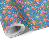 Chic Folk Art Floral on Blue Wrapping Paper Geschenkpapier (Rolleneckpunkt)