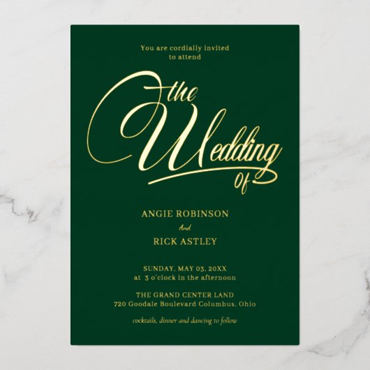 Chic Forest Green and Gold Wedding Folieneinladung (Vorderseite)