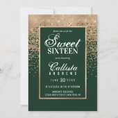 Chic Forest Green Gold Glitzer Confetti Sweet 16 Einladung (Vorderseite)