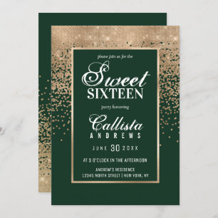 Chic Forest Green Gold Glitzer Confetti Sweet 16 Einladung