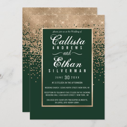 Chic Forest Green Gold Glitzer Confetti Wedding Einladung (Vorne/Hinten)