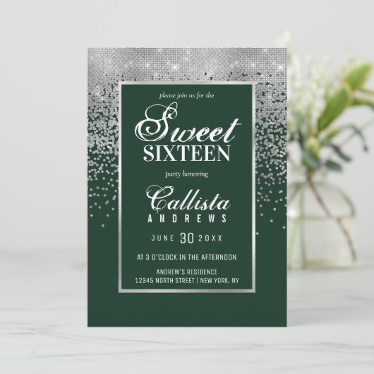Chic Forest Green Silver Glitzer Confetti Sweet 16 Einladung (Stehend Vorderseite)