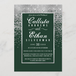 Chic Forest Green Silver Glitzer Confetti Wedding Einladung