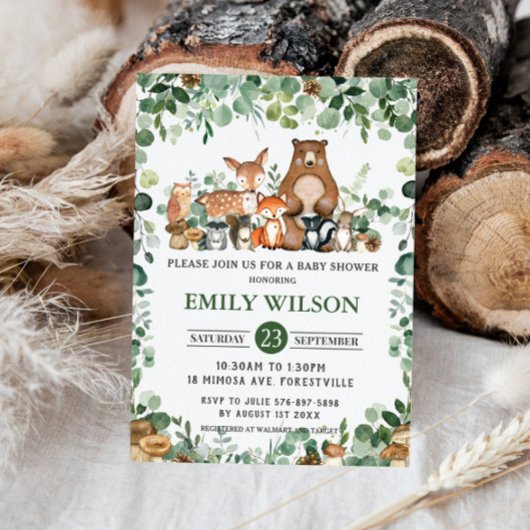 Chic Forest Greenery Woodland Animals Kinderdusche Einladung