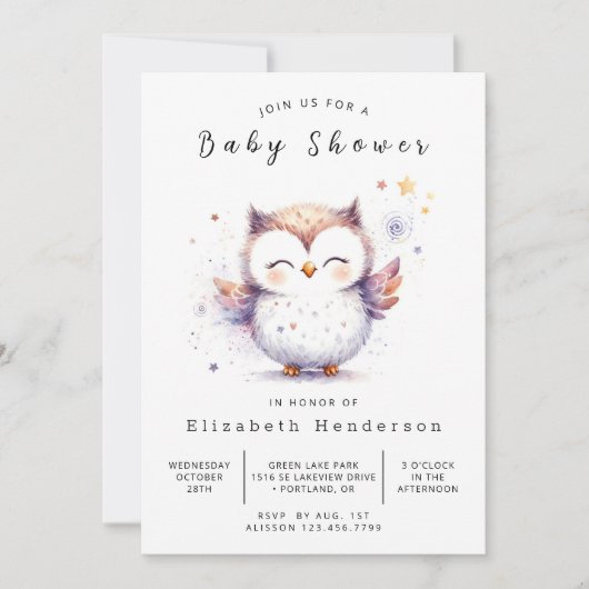 Chic Forest Owl Babydusche Einladung (Vorderseite)