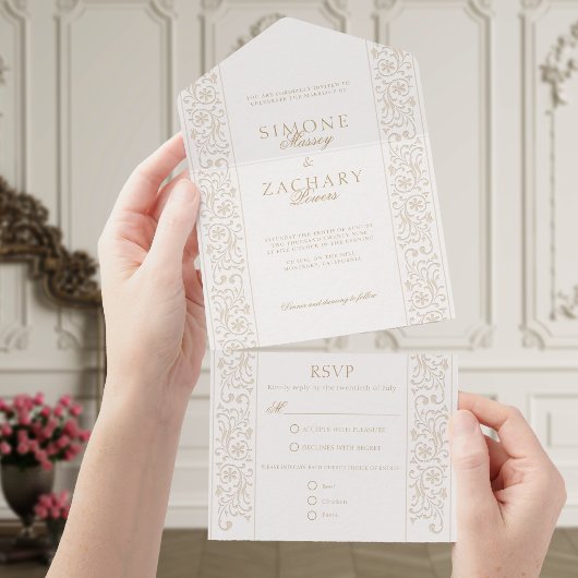 Chic Formal Ecru Scrollwork Border Wedding All In One Einladung