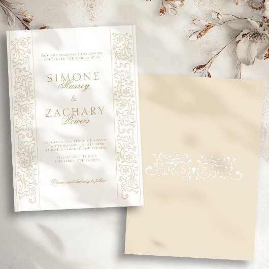 Chic Formal Ecru Scrollwork Border Wedding Einladung
