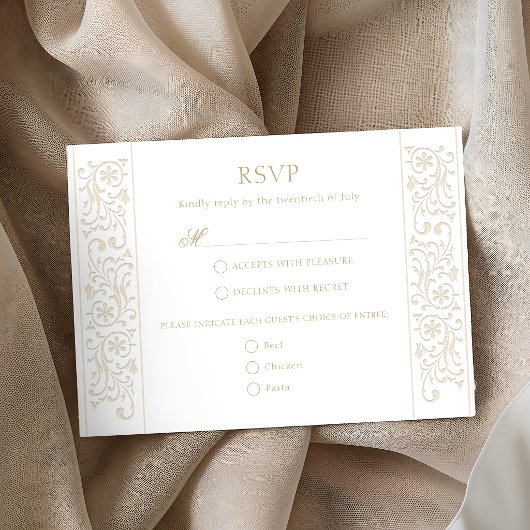 Chic Formal Ecru Scrollwork Border Wedding RSVP Karte