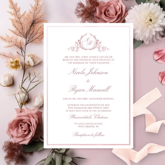 Chic Formal Monogram Dusty Rose Watercolor Wedding Einladung
