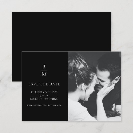 Chic Foto Black Monogram Wedding Save the Date (Vorne/Hinten)