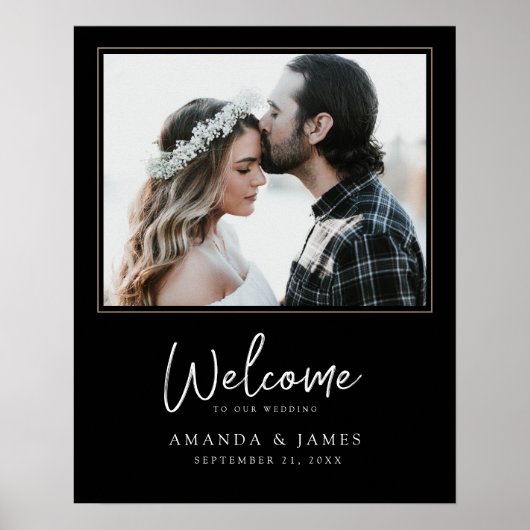 Chic Foto Black, White and Gold Wedding Willkommen Poster (Vorne)