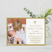 Chic Foto Boy Gold Cross Taufe Einladung (Stehend Vorderseite)