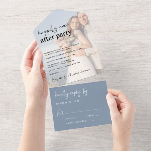 Chic Foto Dusty Blue Wedding Empfang All In One Einladung (Abreißen)