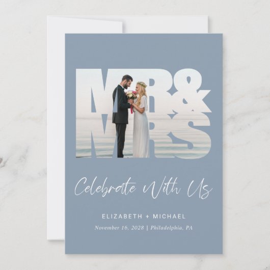 Chic Foto Dusty Blue Wedding Empfang Einladung (Vorderseite)