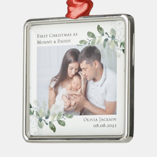Chic Foto Eucalyptus New Baby Ornament Aus Metall (Links)