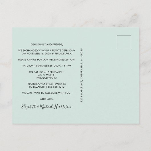 Chic Foto Mint Hochzeitsempfang Einladungspostkarte (Rückseite)