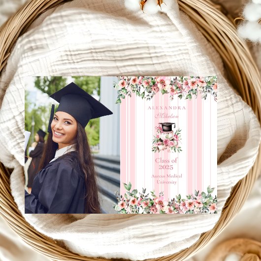 Chic Foto Pink Floral Graduation Party Ankündigung