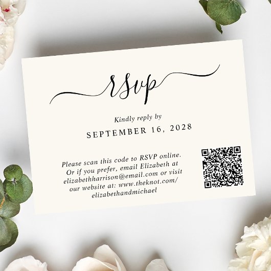 Chic Foto QR Code Cream Wedding RSVP Karte
