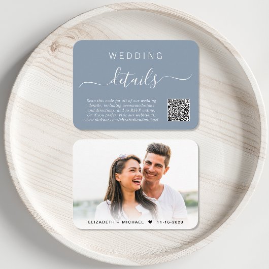 Chic Foto QR Code Dusty Blue Wedding Details Begleitkarte