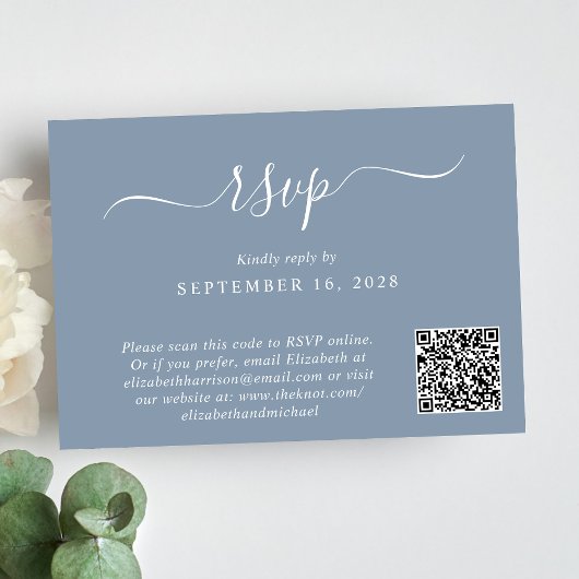 Chic Foto QR Code Dusty Blue Wedding RSVP Karte