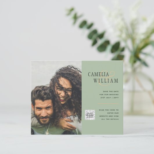 Chic Foto Wedding Invite QR Code Gerettet Datum Gr (Stehend Vorderseite)
