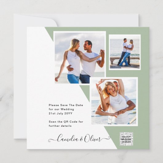 Chic Foto Wedding Invite QR Code Gerettet Datum Gr (Vorderseite)