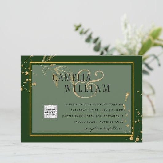 Chic Foto Wedding Invite QR Code Gerettet Datum Gr (Stehend Vorderseite)