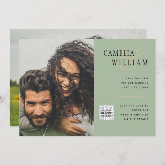 Chic Foto Wedding Invite QR Code Gerettet Datum Gr Einladung (Vorne/Hinten)