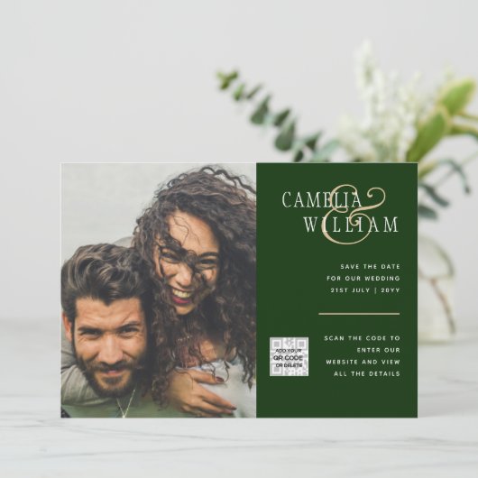 Chic Foto Wedding Invite QR Code Gerettet Datum Gr Einladung (Stehend Vorderseite)
