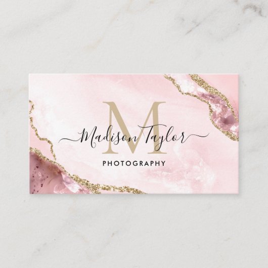 Chic Fotografy Pink Gold Glitzer Agate Monogram Visitenkarte (Vorderseite)