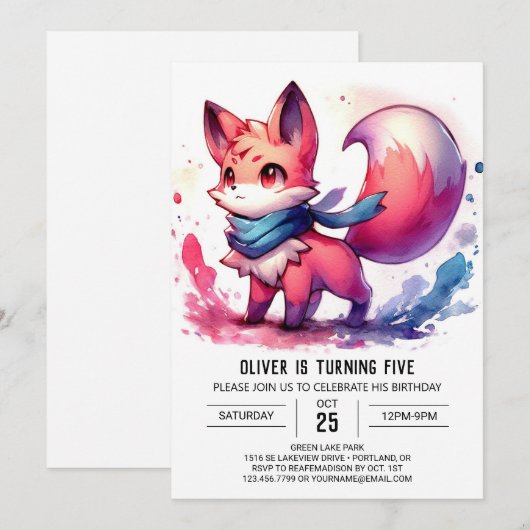 Chic Fox Birthday Einladung (Vorne/Hinten)