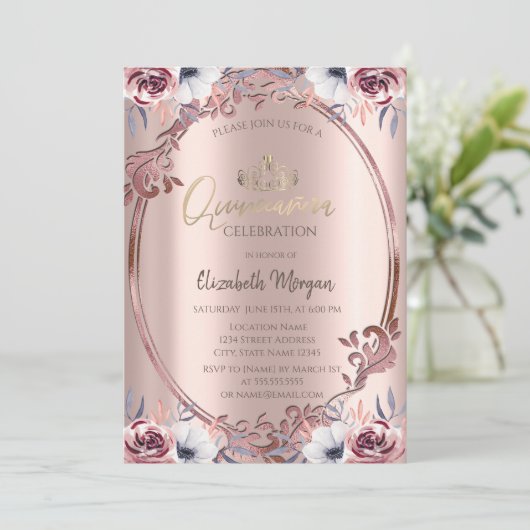 Chic Frame Boho Blume Quinceañera Einladung (Stehend Vorderseite)