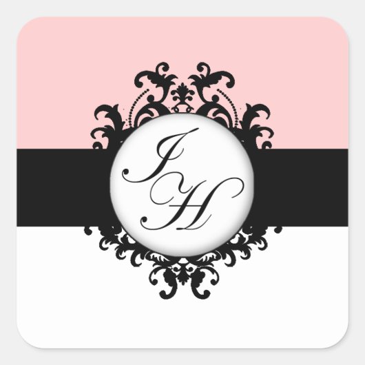 Chic French Black Monogram Damask Labels Quadratischer Aufkleber (Vorderseite)