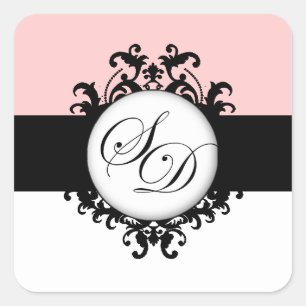 Chic French Black Monogram Damask Wedels Labels Quadratischer Aufkleber