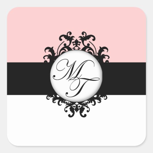 Chic French Black Monogram MT Damask Labels Quadratischer Aufkleber (Vorderseite)