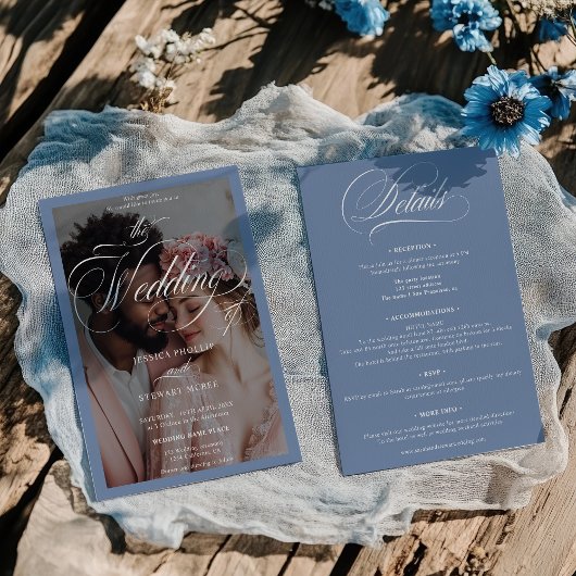 Chic French Blue Script All in One Foto Wedding Einladung