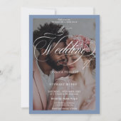 Chic French Blue Script All in One Foto Wedding Einladung (Vorderseite)