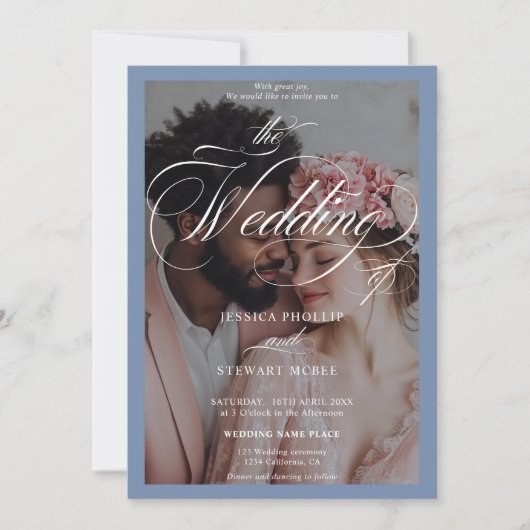 Chic French Blue Script All in One Foto Wedding Einladung (Vorderseite)