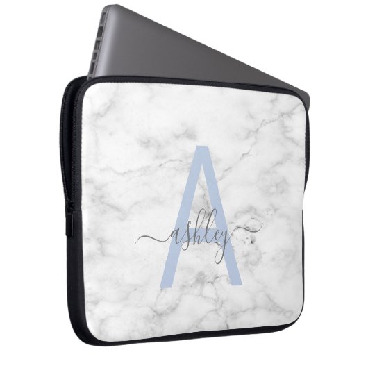 Chic French Blue White Marble Script Name Monogram Laptopschutzhülle (Vorne Rechts)