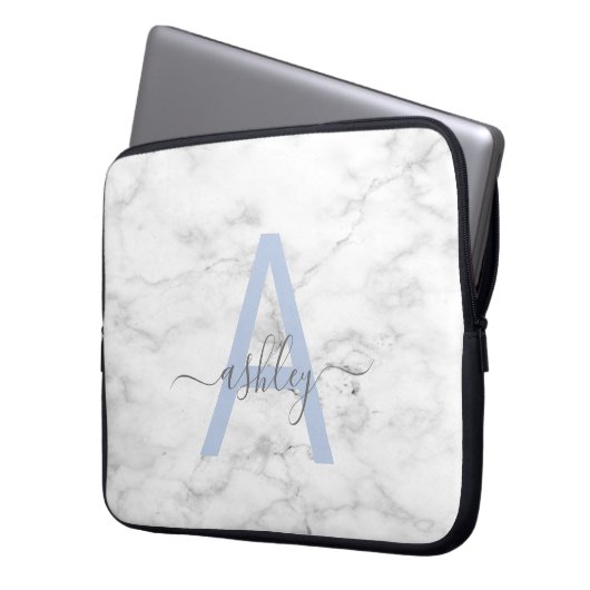 Chic French Blue White Marble Script Name Monogram Laptopschutzhülle (Vorderseite Links)