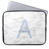 Chic French Blue White Marble Script Name Monogram Laptopschutzhülle (Vorderseite)