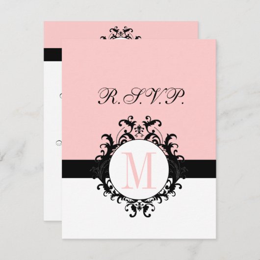 Chic French Damask Monogram Wedding RSVP Card (Vorne/Hinten)