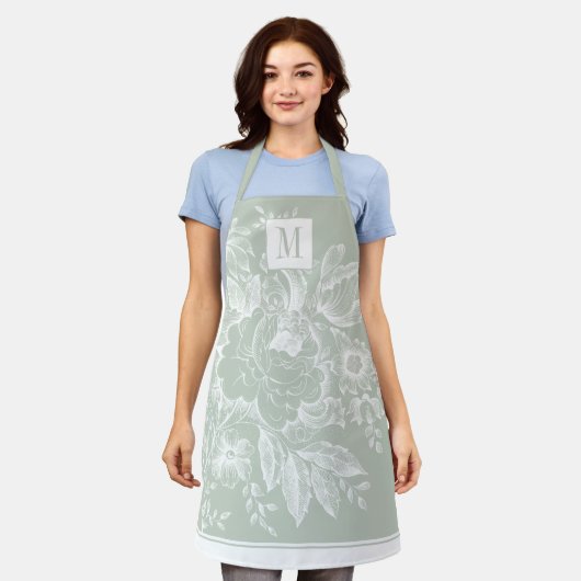 Chic French Farmhouse Peony Monogram Light Green Schürze (Getragen)