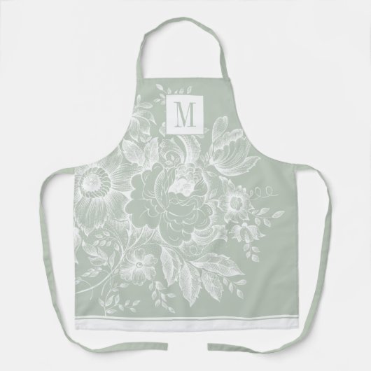 Chic French Farmhouse Peony Monogram Light Green Schürze (Vorderseite)